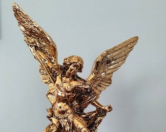 Statue of Saint Michael the Archangel cm 30 (11.81 inches) in marble powder copper-colored sheet, handcrafted in Italy