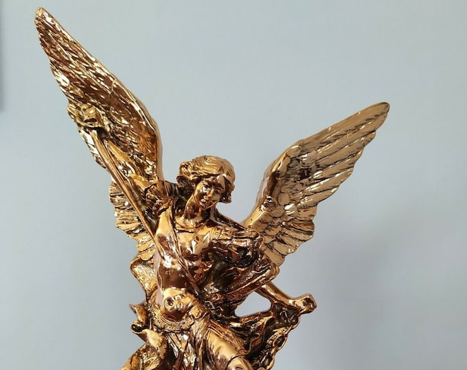 Statue of Saint Michael the Archangel cm 30 (11.81 inches) in marble powder copper-colored sheet, handcrafted in Italy