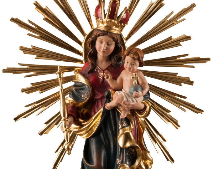 Statue of the Bavarian Madonna, carved in Valgardena wood and hand-decorated, of Italian artisan production