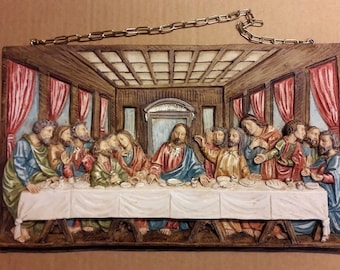 Plaque of the Last Supper 19 x 31 cm (7.4 x 12.20 inches) in hand-decorated full resin marble of Italian artisan production
