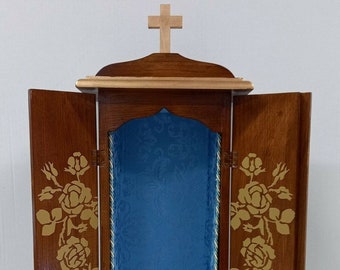 Wooden display case, handcrafted, 61 cm (24.01 inches), with damask interior, ideal for statues measuring 34/38 cm (13.38/14.96 inches), foldable