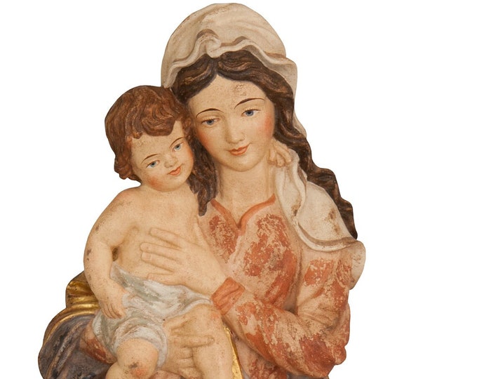 Statue sculpture of the Madonna and Child, carved in wooden root of Valgardena decorated by hand of Italian artisan production
