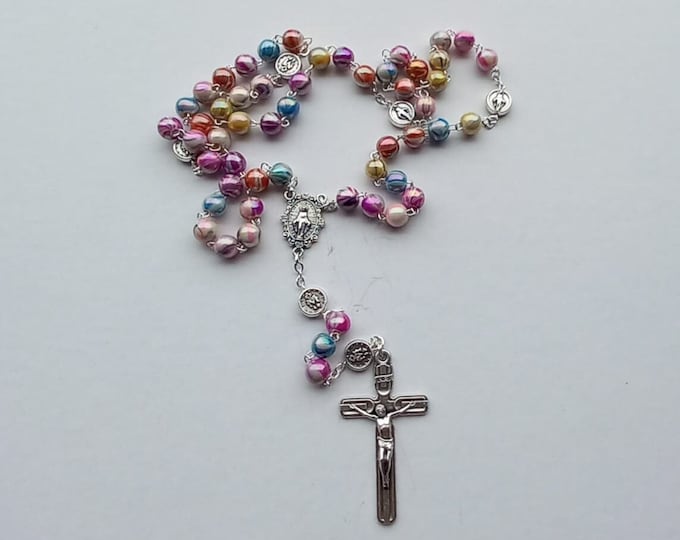 Rosary of the Miraculous Madonna, glass beads diameter 8 mm, harlequin pearl of Italian artisan production