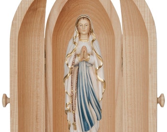Statue of the Madonna of Lourdes with niche, carved in Valgardena wood, hand decorated, Italian production