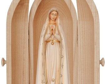 Statue of Our Lady of Fatima with niche, carved in hand-decorated Valgardena wood, Italian production