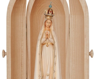 Statue of Our Lady of Fatima with crown in niche, carved in hand-decorated Valgardena wood, Italian production