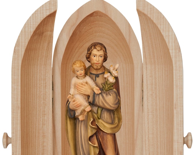 Statue of St. Joseph with niche, carved in Valgardena wood and hand-decorated, of Italian artisan production