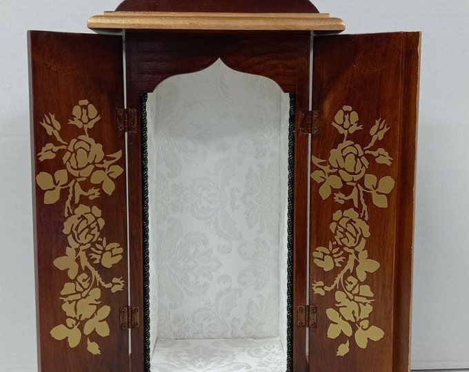 Wooden display case, handcrafted, 51 cm (20.07 inches), with damask interior, ideal for statues measuring 25/30 cm (9.84/11.81 inches), foldable