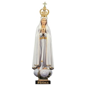 Statue of Our Lady of Fatima Pilgrim crown metal and crystals, carved in Valgardena wood hand decorated Italian production