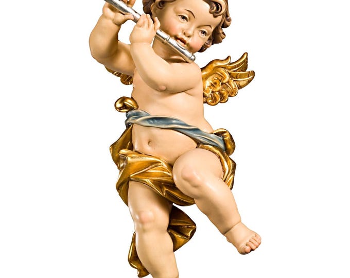Angel sculpture, putto with flute, carved in Valgardena wood and decorated by hand, various sizes, handcrafted in Italy