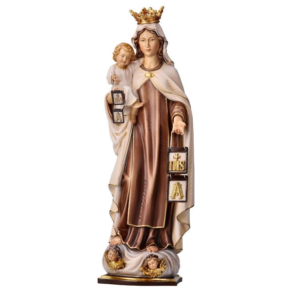 Statua della Madonna del Carmelo Carmine con corona scolpita in legno della Valgardena e decorata a mano di produzione artigianale italiana