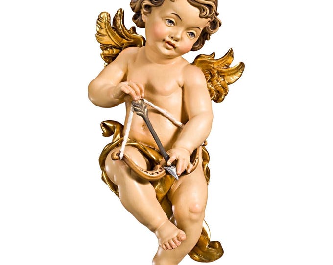 Angel sculpture, Cupid putto, carved in Valgardena wood and decorated by hand, various sizes, handcrafted in Italy