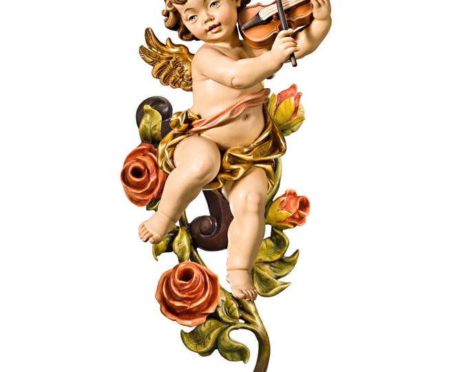 Angel, putto with violin and roses carved in Valgardena wood and decorated by hand, various available, handcrafted in Italy