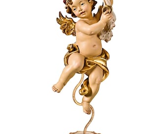 Angel sculpture, putto with wedding rings on a pedestal, carved in Valgardena wood and hand-decorated, handcrafted in Italy