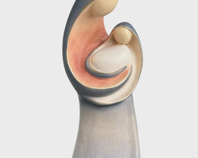 Statua Madonna con bambino moderna scolpita in legno della Valgardena decorata a mano produzione artigianale italiana varie misure