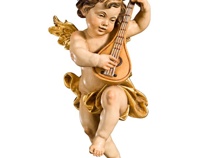 Angel sculpture, putto with mandolin carved in Valgardena wood and decorated by hand, various sizes, handcrafted in Italy