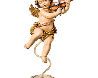 Angel sculpture, putto with violin on a pedestal, carved in Valgardena wood and hand-decorated, handcrafted in Italy