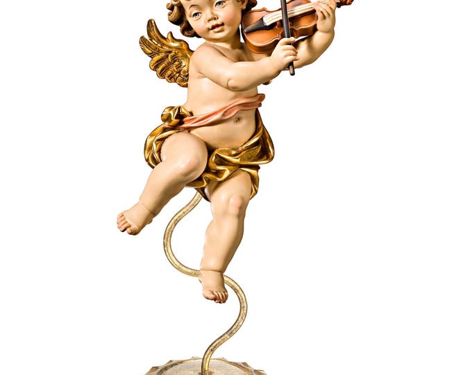 Angel sculpture, putto with violin on a pedestal, carved in Valgardena wood and hand-decorated, handcrafted in Italy