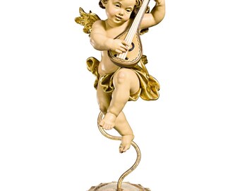 Angel sculpture, putto with mandolin on a pedestal, carved in Valgardena wood, hand-decorated, Italian artisan production