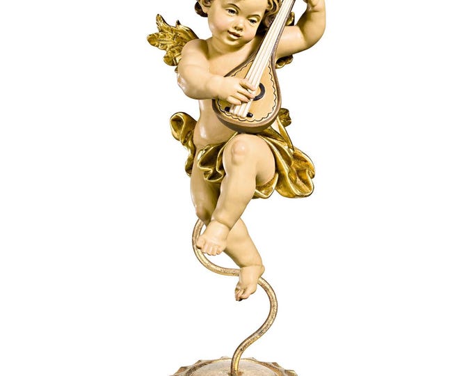 Angel sculpture, putto with mandolin on a pedestal, carved in Valgardena wood, hand-decorated, Italian artisan production
