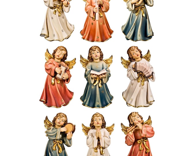Set of 9 Symphony Angels, cherubs, carved in Valgardena wood, various sizes, handcrafted in Italy