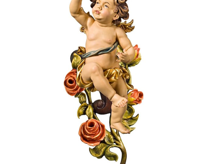 Angel, putto with roses carved in Valgardena wood and hand-decorated, various available, handcrafted in Italy