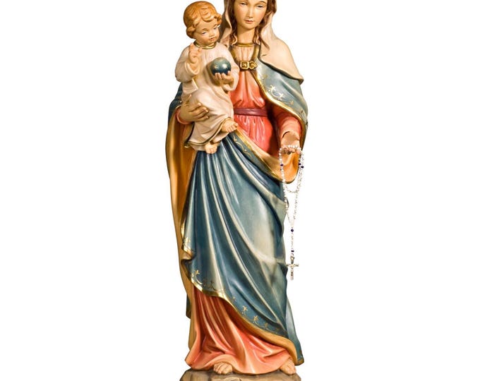 Statue of Our Lady of the Rosary carved in Valgardena wood, hand-decorated, Italian artisan production, various sizes available.