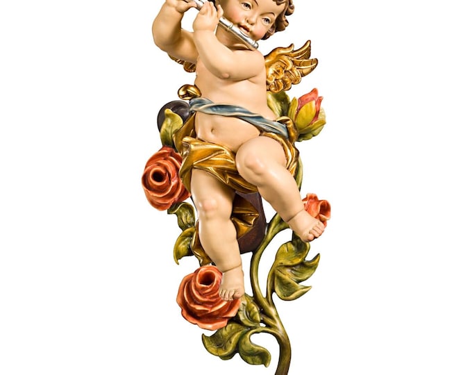 Angel, putto with flute and roses carved in Valgardena wood and decorated by hand, various available, handcrafted in Italy