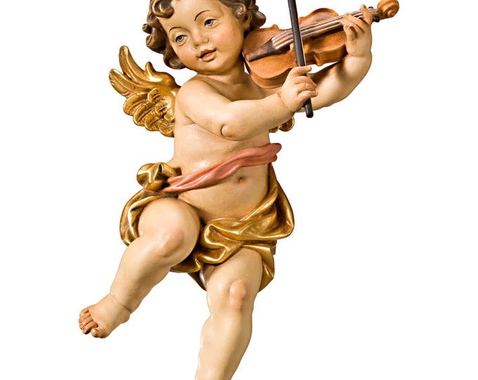 Angel sculpture, putto with violin, carved in Valgardena wood and decorated by hand, various sizes, handcrafted in Italy