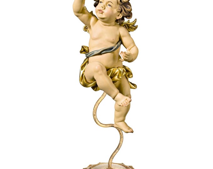 Angel sculpture, putto on a pedestal, carved in Valgardena wood and hand-decorated, handcrafted in Italy