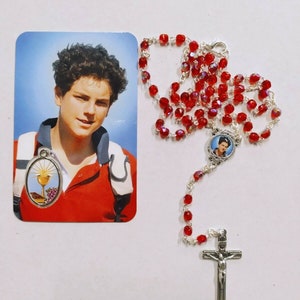Rosary of Blessed Carlo Acutis in red crystal with hook and image with medal and prayer, handcrafted in Italy
