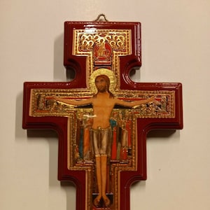 Crucifix cross of San Damiano, made of Italian artisanal wood available in various sizes