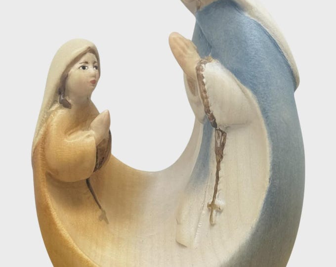 Statua Madonna con Bernadette moderna scolpita in legno della Valgardena decorata a mano produzione artigianale italiana varie misure