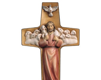 Crucifix of Jesus the Good Shepherd, carved in Valgardena wood and decorated by hand, various sizes, of Italian artisan production