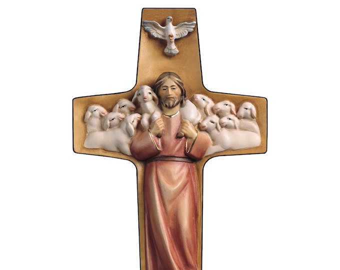 Crucifix of Jesus the Good Shepherd, carved in Valgardena wood and decorated by hand, various sizes, of Italian artisan production