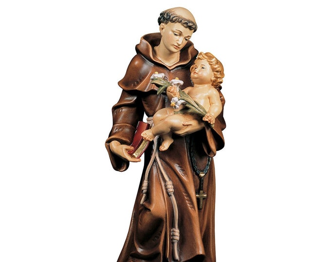 Statue of Saint Anthony of Padua carved in Valgardena wood and hand-decorated, of Italian artisan production