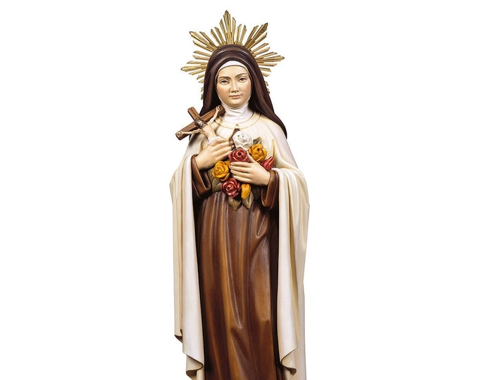 Statue of Saint Therese of Lisieux with rays carved in Valgardena wood and decorated by hand, of Italian artisan production
