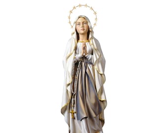 Statue of Our Lady of Lourdes with halo carved in Valgardena wood and hand-decorated, artisanal Italian production.
