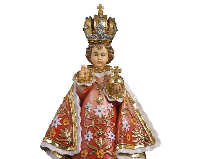 Statue of Infant Jesus of Prague carved in Valgardena wood and hand decorated, Italian artisan production