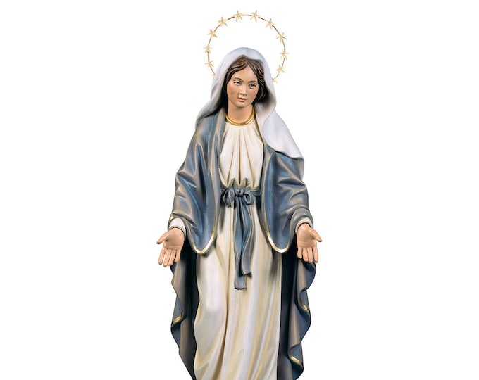 Statue of the Miraculous Madonna with brass ray, carved in valgardena wood and hand-decorated with Italian craftsmanship