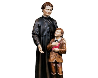Statue of Saint John Bosco with Dominic Savio carved in Valgardena wood and hand-decorated, Italian artisan production.