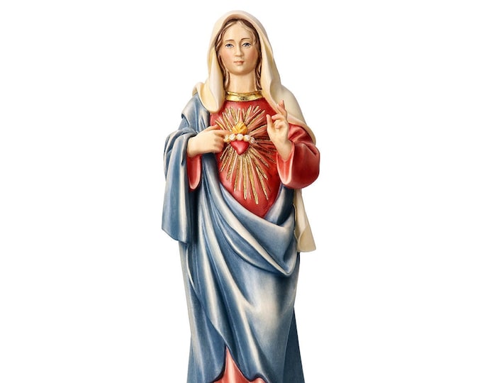 Statue of Our Lady of the Sacred Heart of Mary, carved in wood from Valgardena and hand-decorated of Italian craftsmanship