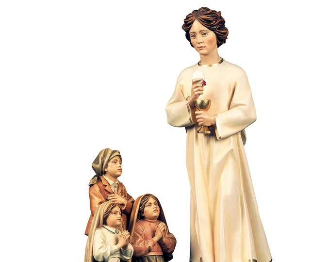 Sculpture apparition Angel of Peace Portugal Fatima carved in wood of Valgardena decorated by hand Italian handicraft production