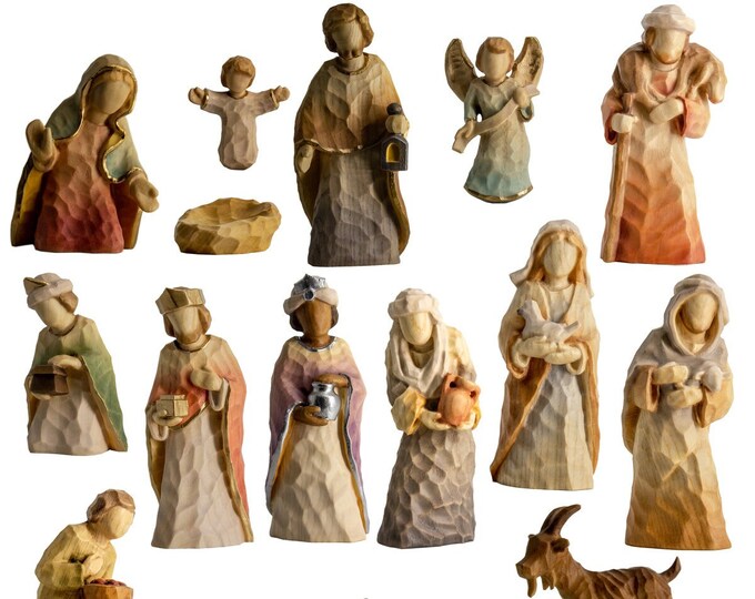 Complete nativity scene 20 pieces carved in wood of Valgardena, decorated by hand, various sizes, Italian handicraft production