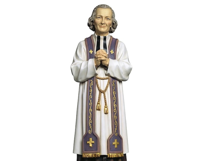 Statue of the Holy Curate of Ars John Mary Vianney carved in Valgardena wood hand decorated, Italian artisan production