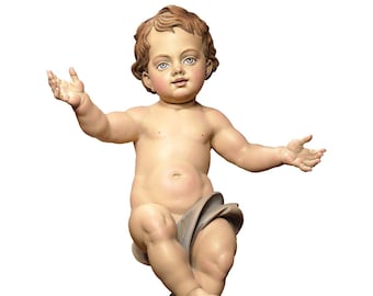 Statue sculpture of baby Jesus, carved in wood from Valgardena and decorated by hand of Italian craftsmanship