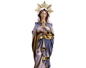 Statue of the Immaculate Madonna with rays carved in wood from Valgardena and hand-decorated of Italian craftsmanship
