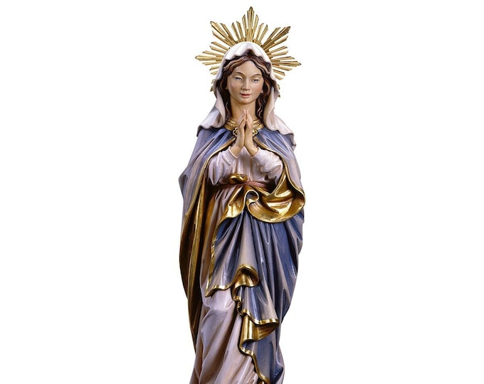 Statue of the Immaculate Madonna with rays carved in wood from Valgardena and hand-decorated of Italian craftsmanship