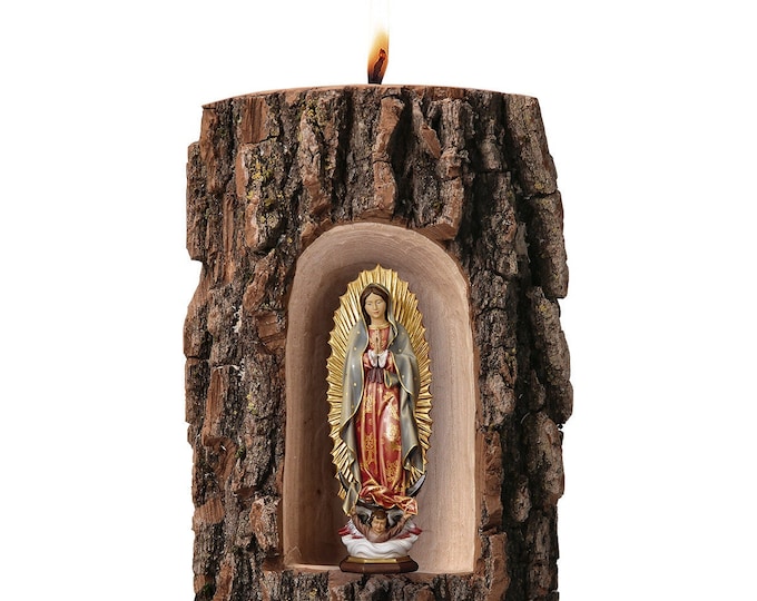 Statue of Our Lady of Guadalupe in elm cave and candle carved in Valgardena wood of Italian craftsmanship