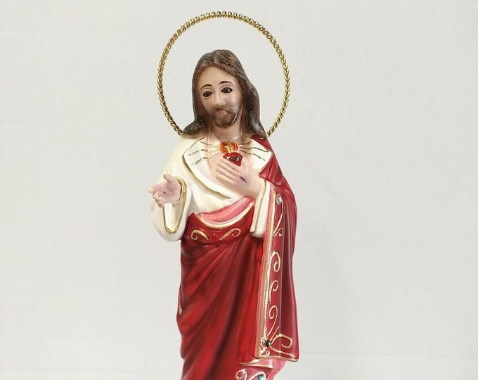 Statue of Jesus sacred heart, 24 cm (9,44 inches) with glass eyes, made of resin, hand-decorated, handcrafted